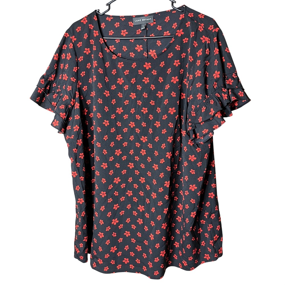 Lane Bryant Womens Black Red Floral Ruffle Sleeve Blouse Top Plus Size 18